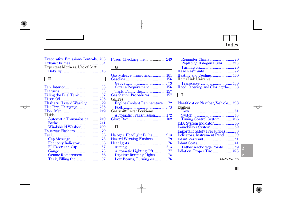 Index | HONDA 2007 Accord Hybrid - Owner's Manual User Manual | Page 282 / 287