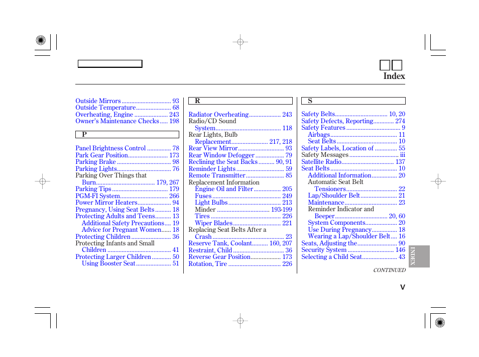 Dr070700indxb, Index | HONDA 2007 Accord Hybrid - Owner's Manual User Manual | Page 284 / 287