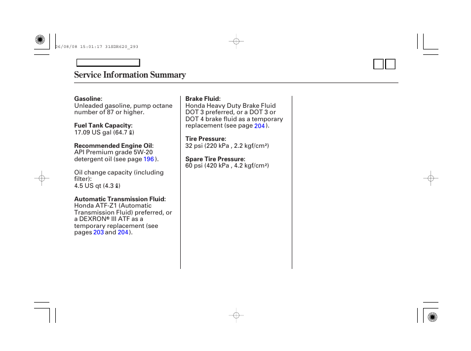 Service information summary | HONDA 2007 Accord Hybrid - Owner's Manual User Manual | Page 287 / 287