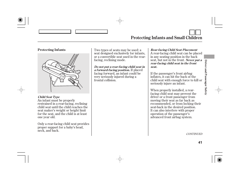 Installing a child seat, Protecting infants and small children | HONDA 2007 Accord Hybrid - Owner's Manual User Manual | Page 44 / 287