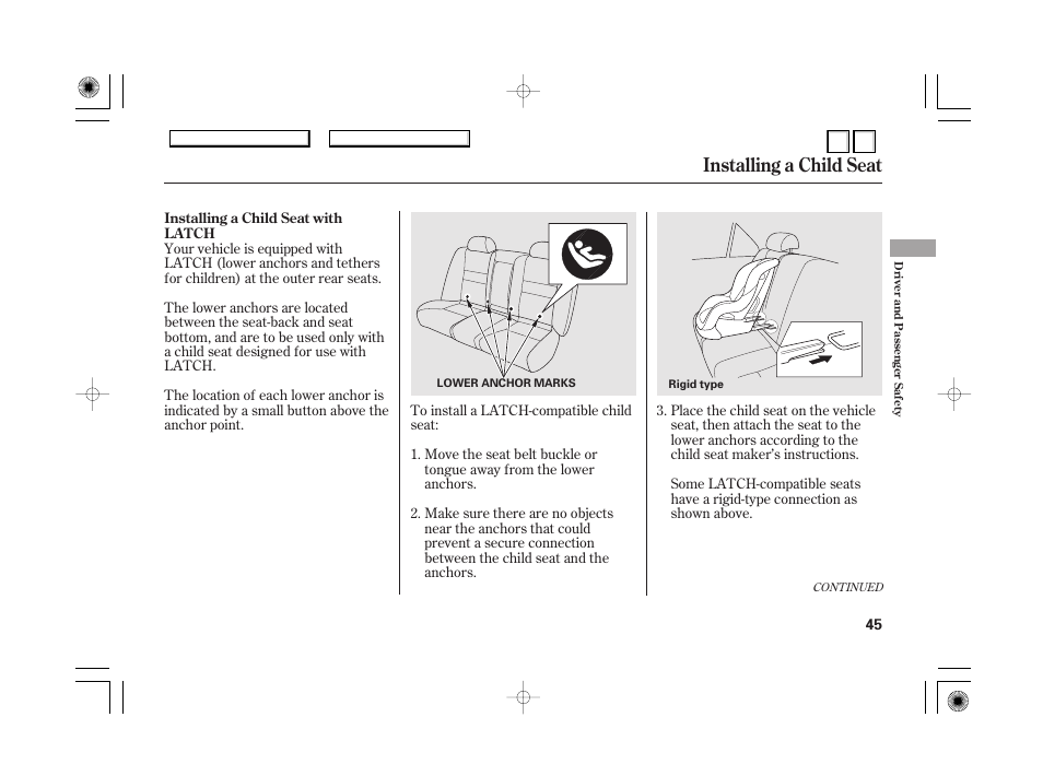 Installing a child seat, With latch | HONDA 2007 Accord Hybrid - Owner's Manual User Manual | Page 48 / 287