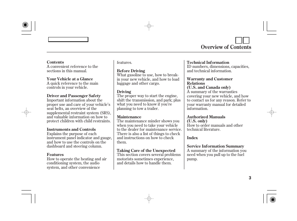 Dr0707o00003a, Overview of contents | HONDA 2007 Accord Hybrid - Owner's Manual User Manual | Page 6 / 287