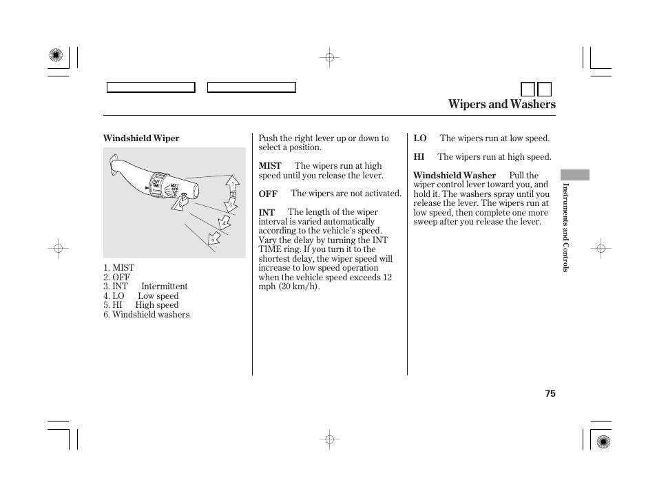 P.78, Daytime running lights, Instrument panel brightness | Wipers and washers | HONDA 2007 Accord Hybrid - Owner's Manual User Manual | Page 78 / 287