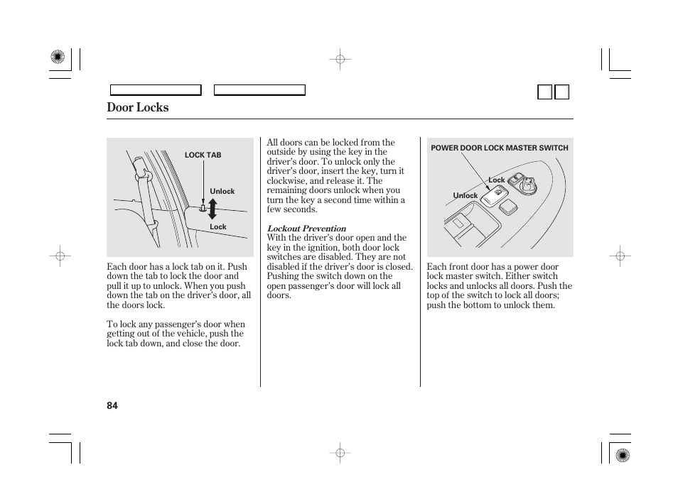 Dr0707o00084a, Door locks | HONDA 2007 Accord Hybrid - Owner's Manual User Manual | Page 87 / 287