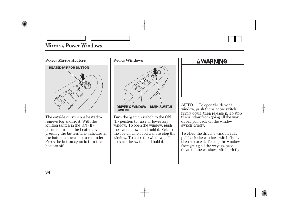 P.97, Moonroof, Mirrors, power windows | HONDA 2007 Accord Hybrid - Owner's Manual User Manual | Page 97 / 287