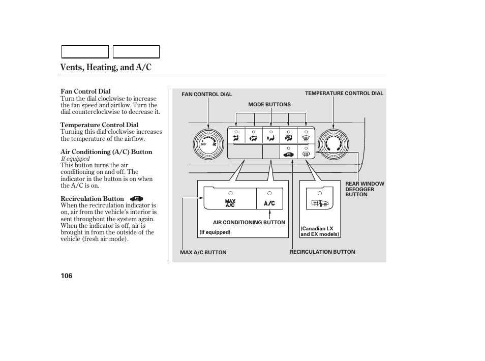 Vents, heating, and a/c | HONDA 2007 Civic Sedan - Owner's Manual User Manual | Page 109 / 311