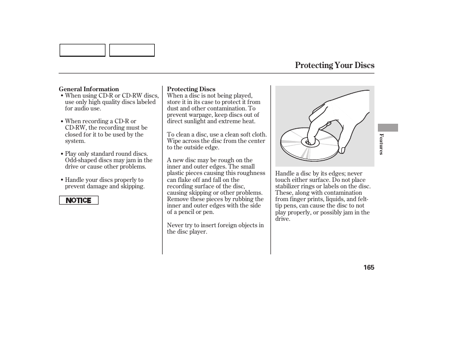 Protecting your discs | HONDA 2007 Civic Sedan - Owner's Manual User Manual | Page 168 / 311