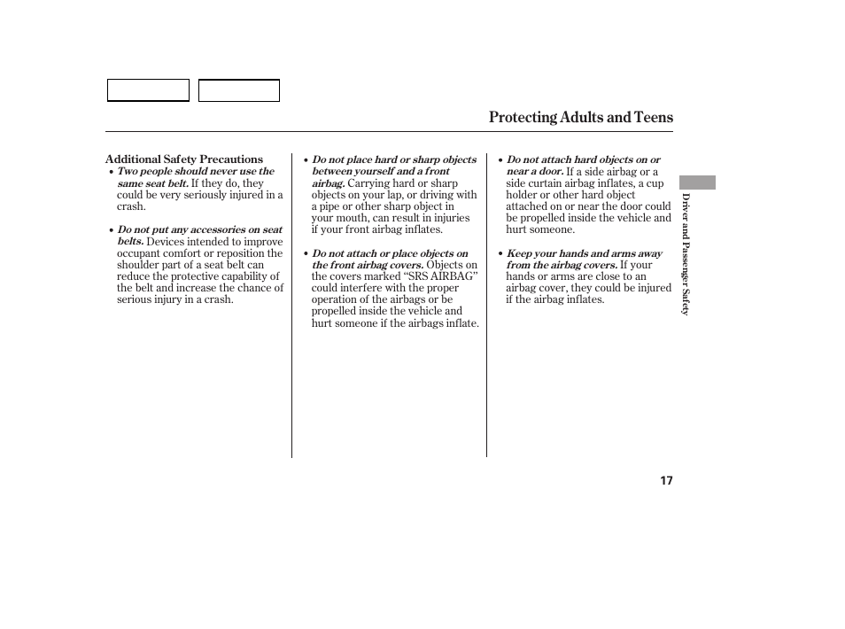 Protecting adults and teens | HONDA 2007 Civic Sedan - Owner's Manual User Manual | Page 20 / 311