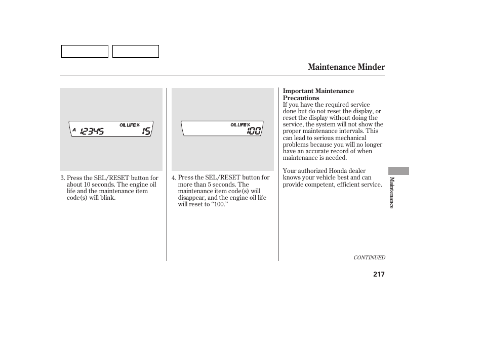 Maintenance minder | HONDA 2007 Civic Sedan - Owner's Manual User Manual | Page 220 / 311