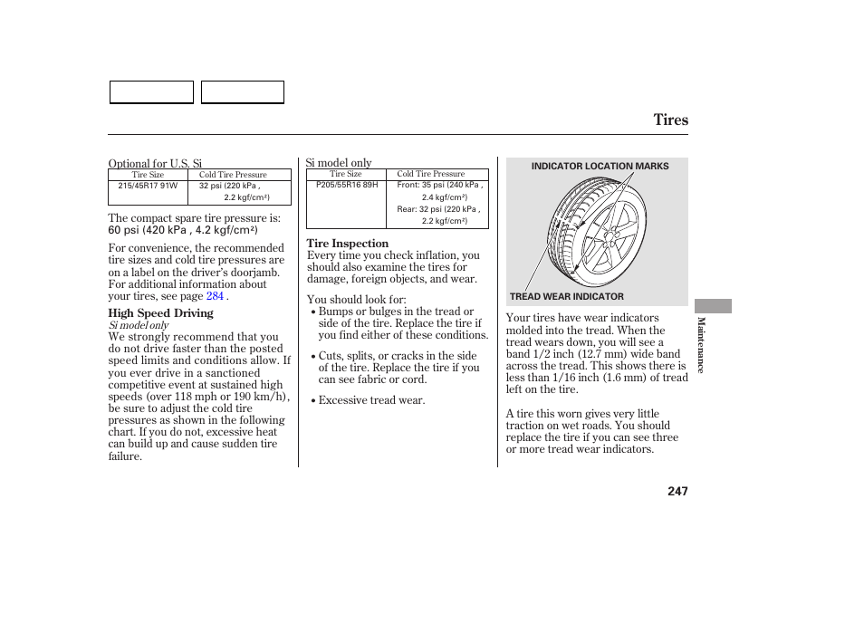 Tires | HONDA 2007 Civic Sedan - Owner's Manual User Manual | Page 250 / 311