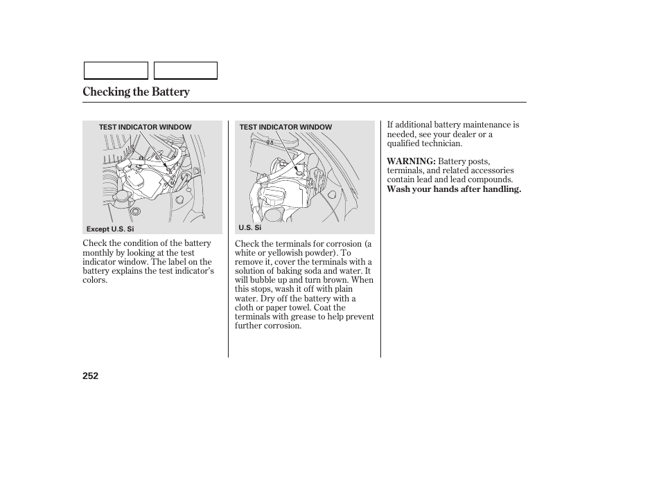 Checking the battery | HONDA 2007 Civic Sedan - Owner's Manual User Manual | Page 255 / 311