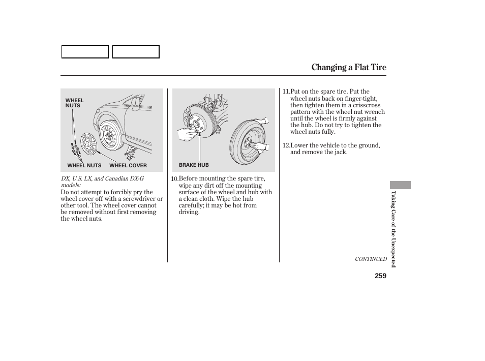 Changing a flat tire | HONDA 2007 Civic Sedan - Owner's Manual User Manual | Page 262 / 311