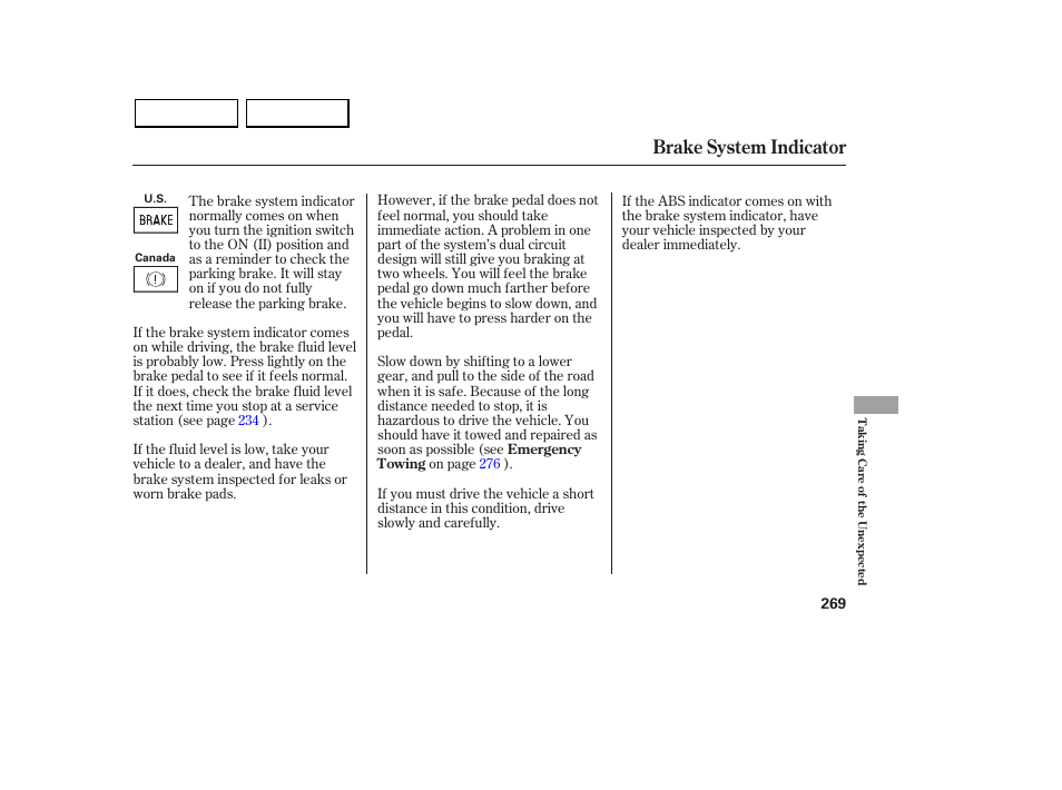 Brake system indicator | HONDA 2007 Civic Sedan - Owner's Manual User Manual | Page 272 / 311