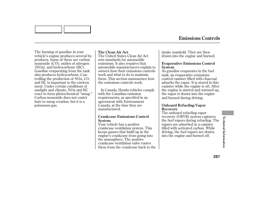 Emissions controls | HONDA 2007 Civic Sedan - Owner's Manual User Manual | Page 290 / 311