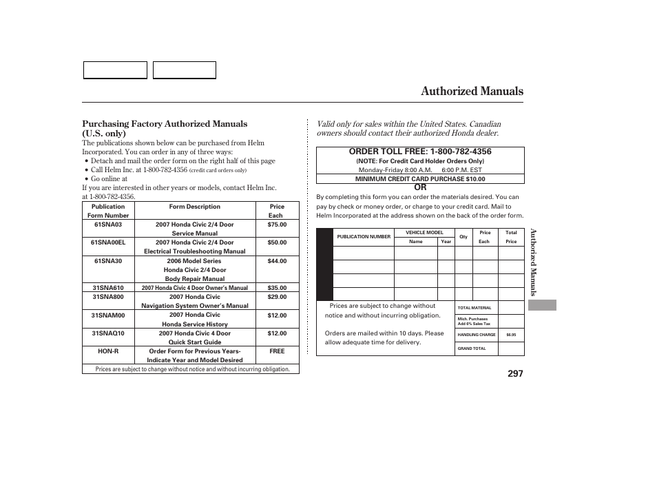 Authorized manuals | HONDA 2007 Civic Sedan - Owner's Manual User Manual | Page 300 / 311