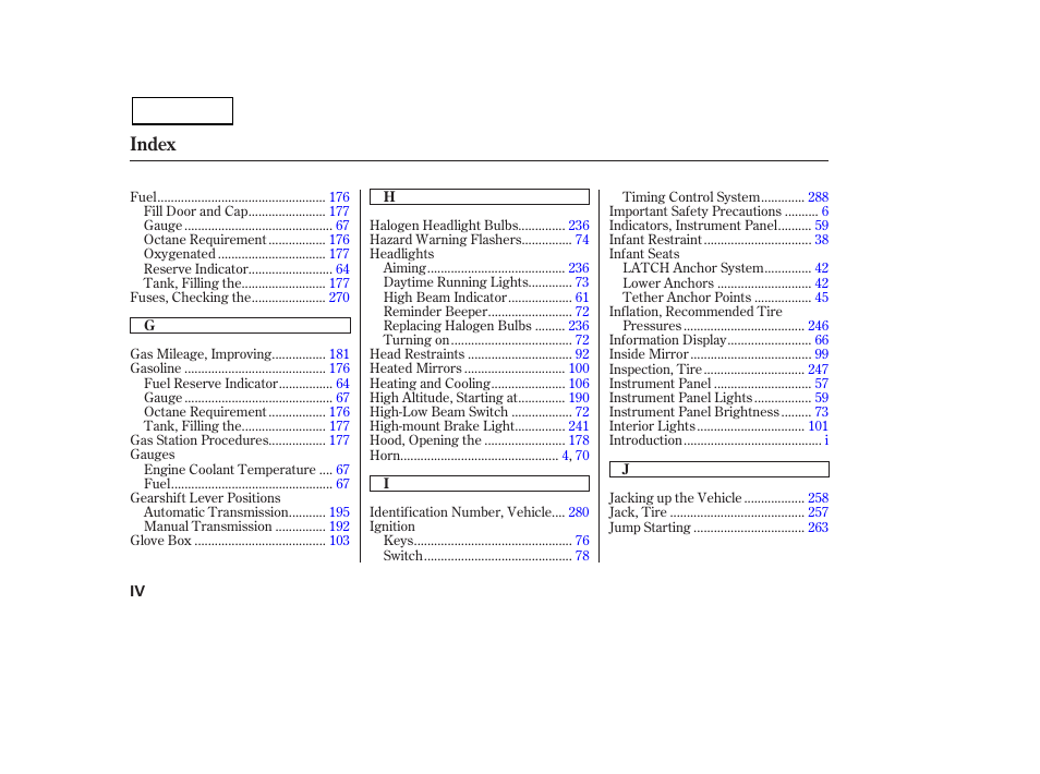 Index | HONDA 2007 Civic Sedan - Owner's Manual User Manual | Page 305 / 311