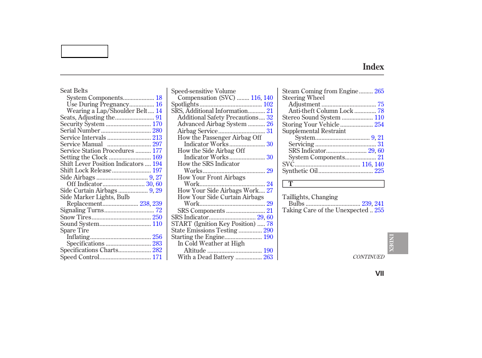 Index | HONDA 2007 Civic Sedan - Owner's Manual User Manual | Page 308 / 311