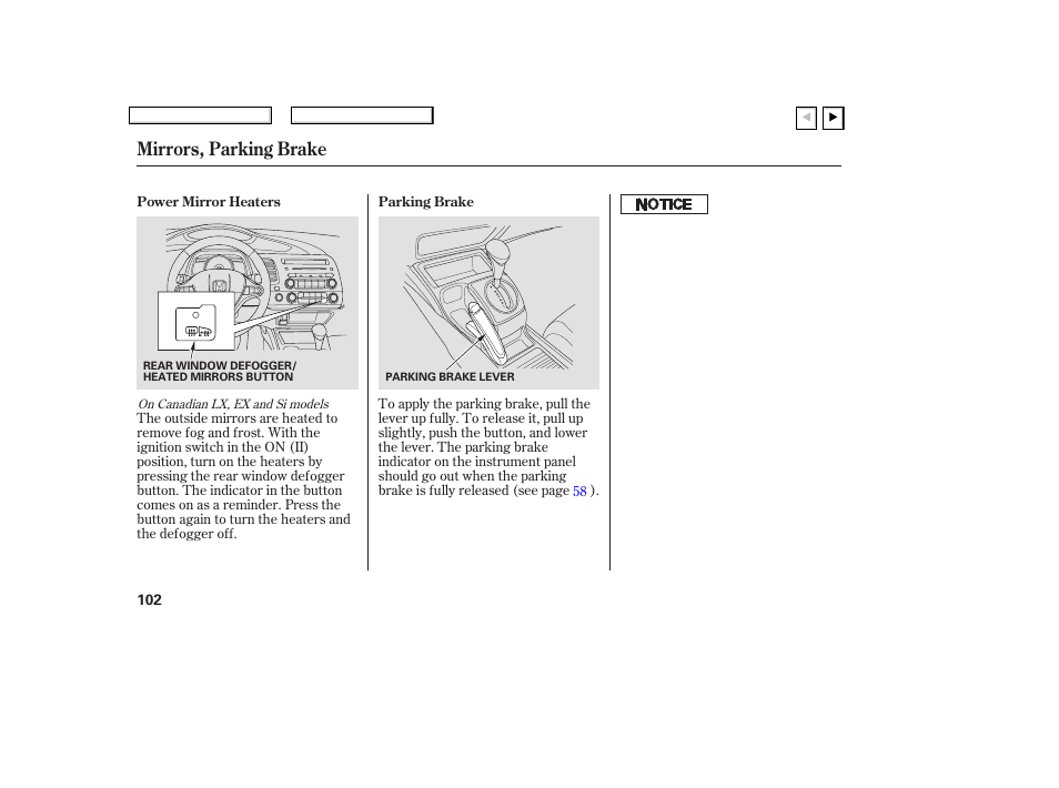 Mirrors, parking brake | HONDA 2007 Civic Coupe - Owner's Manual User Manual | Page 105 / 310