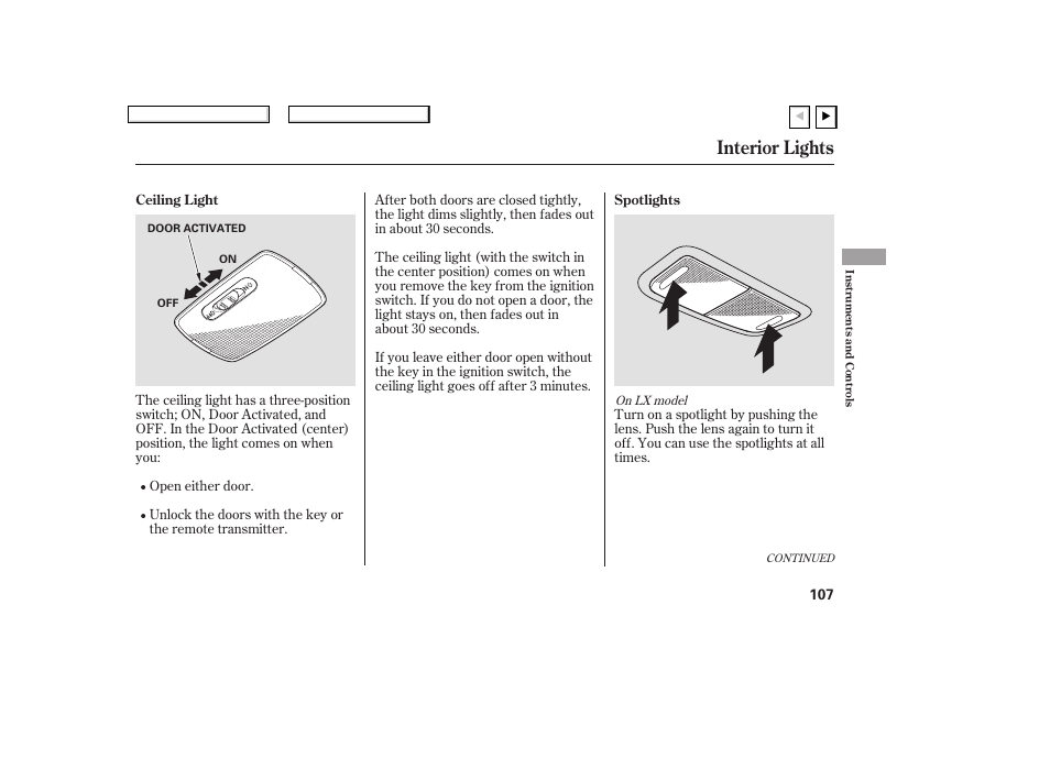 Interior lights | HONDA 2007 Civic Coupe - Owner's Manual User Manual | Page 110 / 310