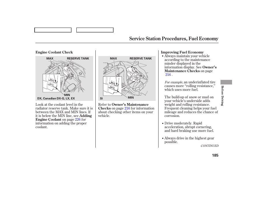 Service station procedures, fuel economy | HONDA 2007 Civic Coupe - Owner's Manual User Manual | Page 188 / 310