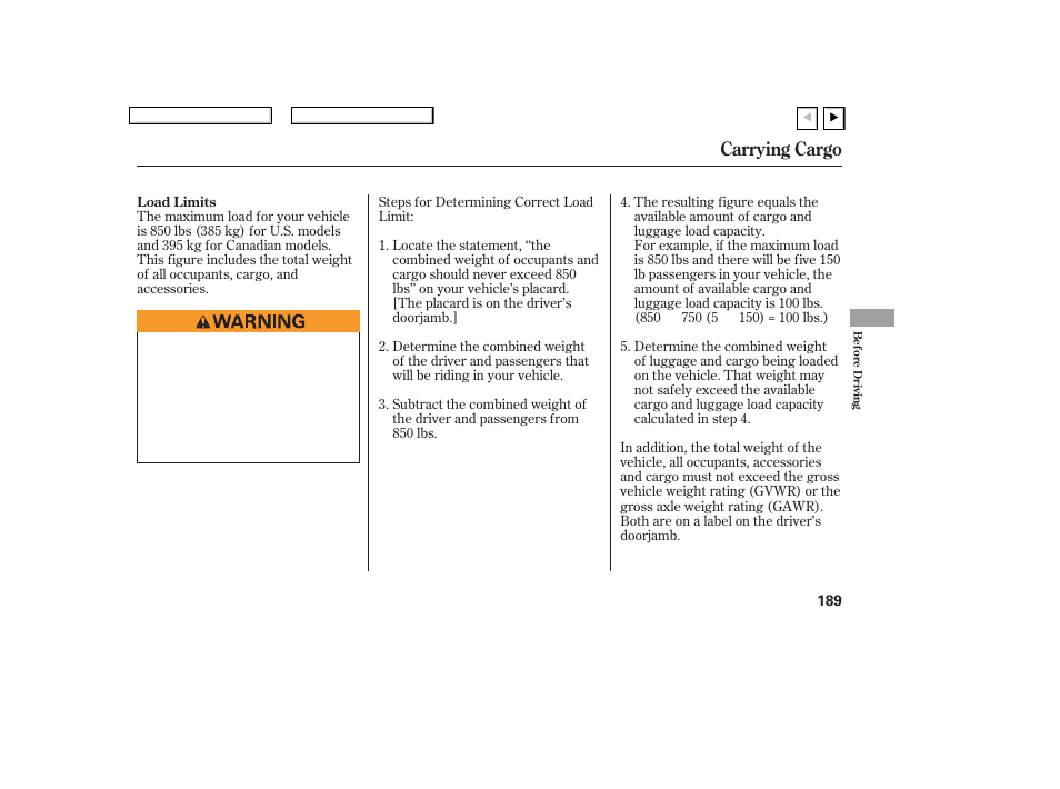 Carrying cargo | HONDA 2007 Civic Coupe - Owner's Manual User Manual | Page 192 / 310