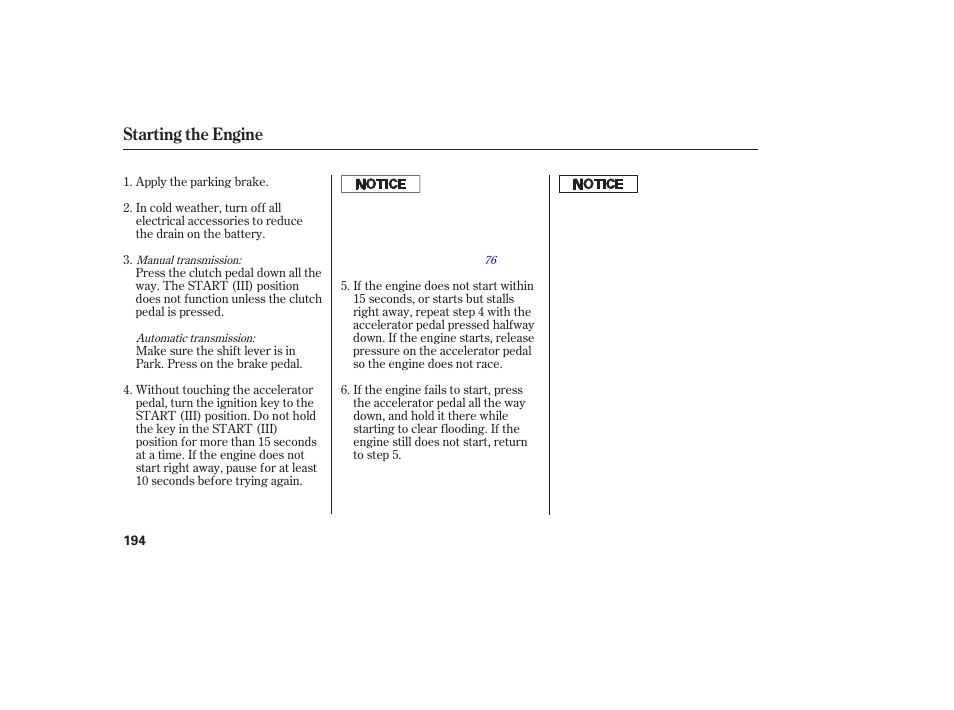 Starting the engine | HONDA 2007 Civic Coupe - Owner's Manual User Manual | Page 197 / 310