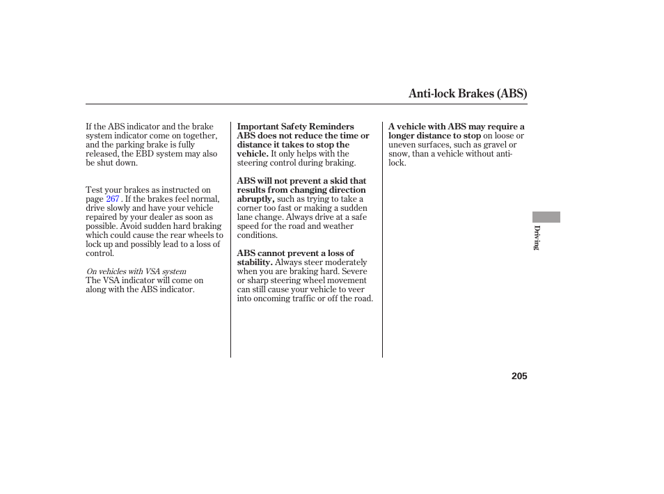 Anti-lock brakes (abs) | HONDA 2007 Civic Coupe - Owner's Manual User Manual | Page 208 / 310