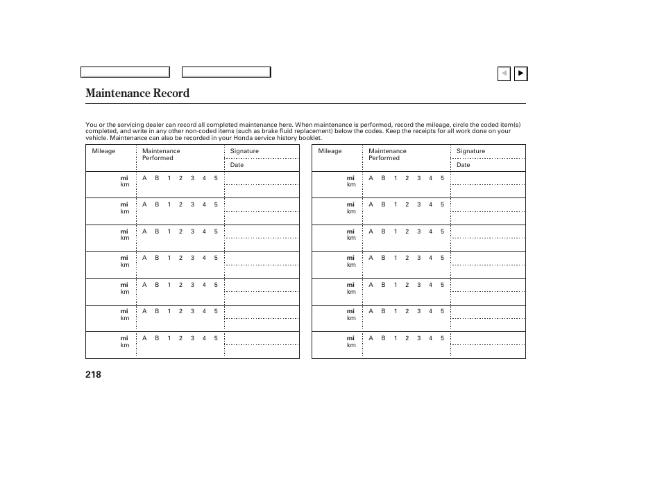 Maintenance record | HONDA 2007 Civic Coupe - Owner's Manual User Manual | Page 221 / 310