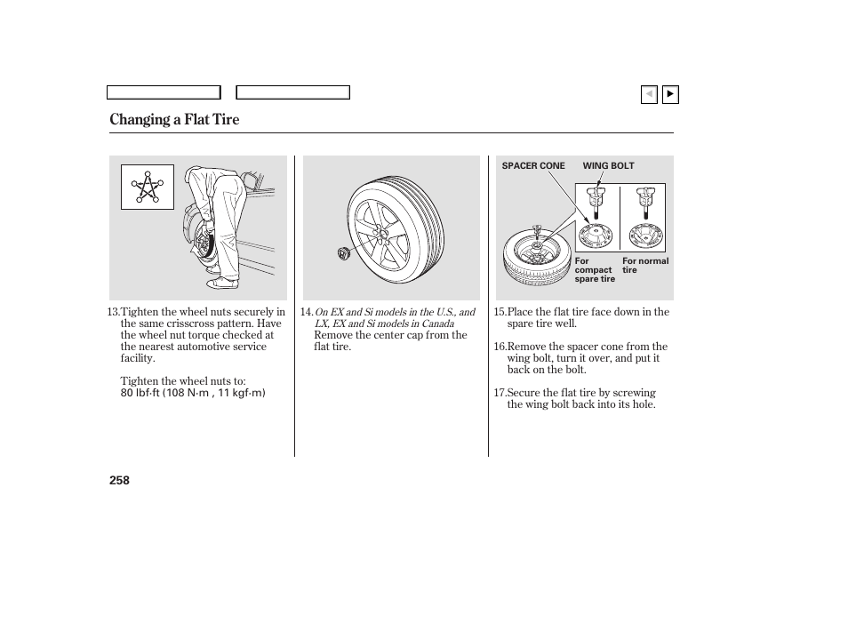 Changing a flat tire | HONDA 2007 Civic Coupe - Owner's Manual User Manual | Page 261 / 310