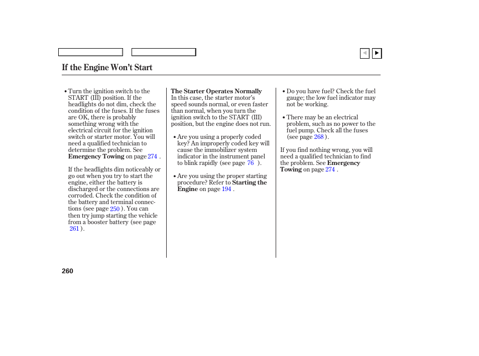 If the engine won’t start | HONDA 2007 Civic Coupe - Owner's Manual User Manual | Page 263 / 310