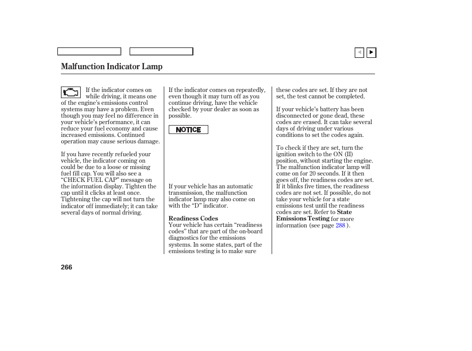 Malfunction indicator lamp | HONDA 2007 Civic Coupe - Owner's Manual User Manual | Page 269 / 310