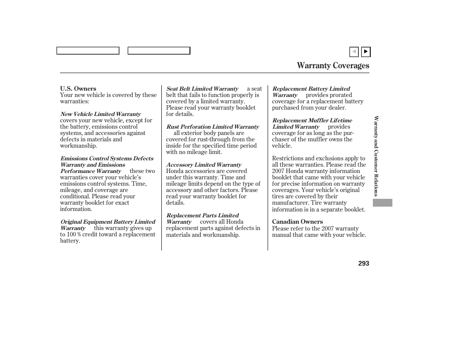 Warranty coverages | HONDA 2007 Civic Coupe - Owner's Manual User Manual | Page 296 / 310