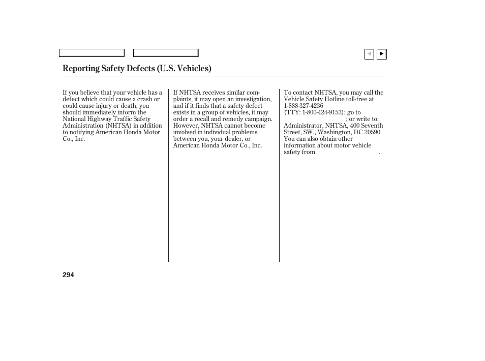 Reporting safety defects (u.s. vehicles) | HONDA 2007 Civic Coupe - Owner's Manual User Manual | Page 297 / 310