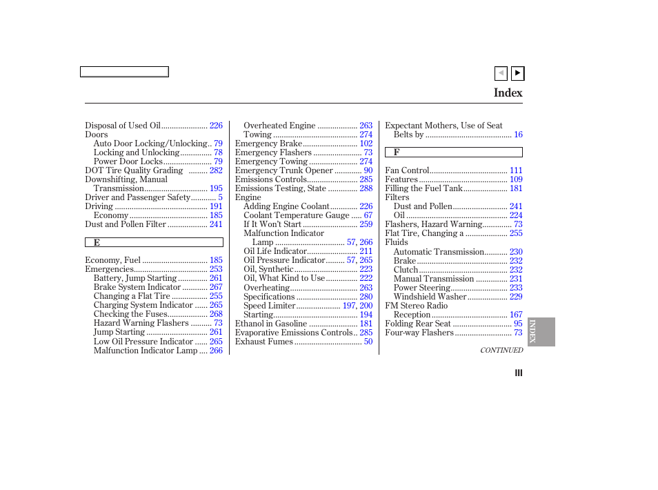 Index | HONDA 2007 Civic Coupe - Owner's Manual User Manual | Page 302 / 310