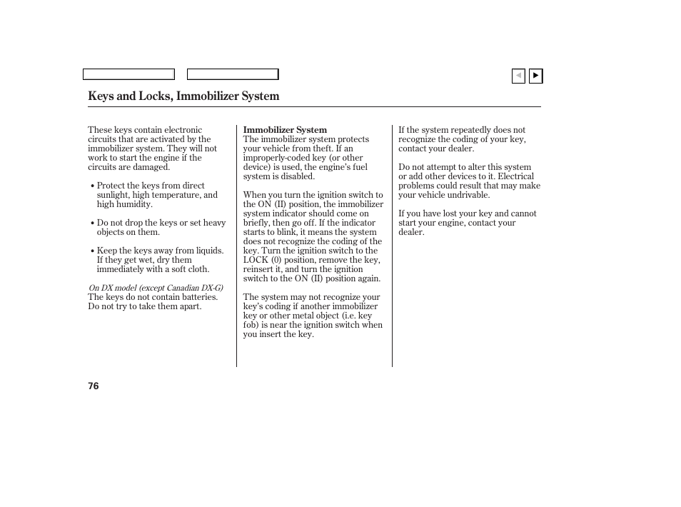 Keys and locks, immobilizer system | HONDA 2007 Civic Coupe - Owner's Manual User Manual | Page 79 / 310