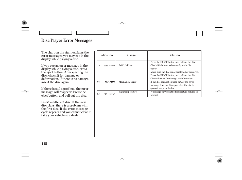 Disc player error messages | HONDA 2007 Civic Hybrid - Owner's Manual User Manual | Page 121 / 268