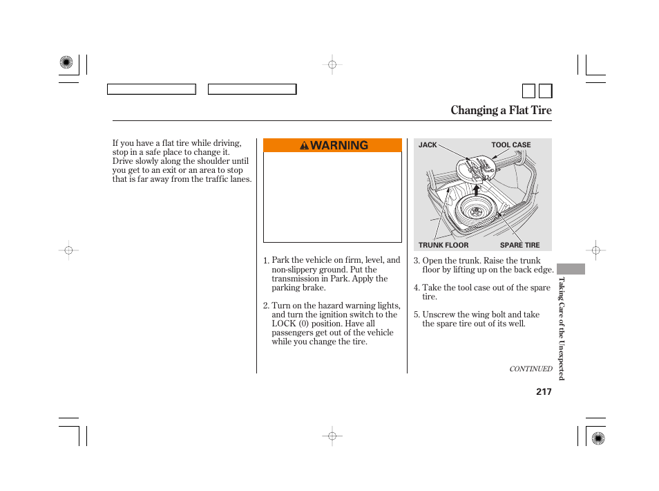 Changing a flat tire | HONDA 2007 Civic Hybrid - Owner's Manual User Manual | Page 220 / 268