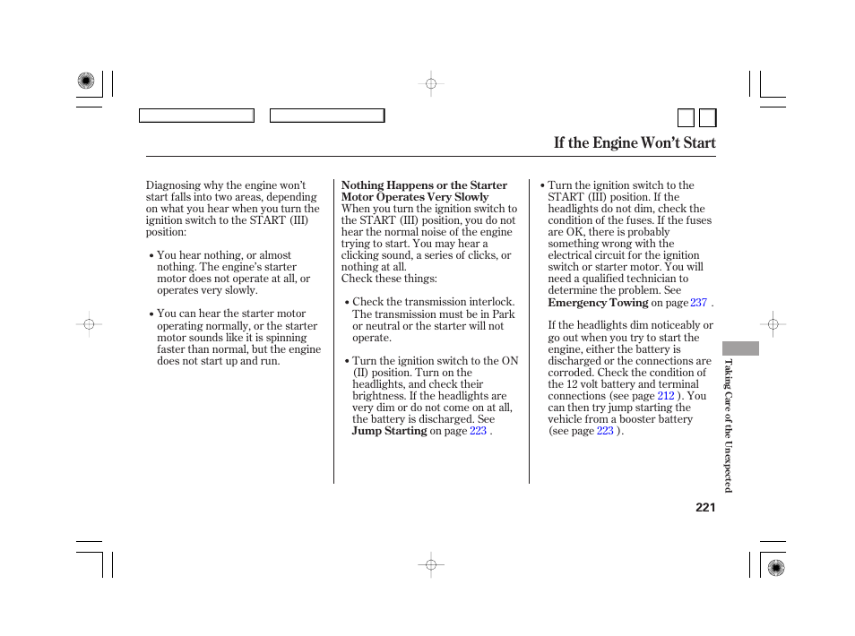 Nc0707o00221a, If the engine won’t start | HONDA 2007 Civic Hybrid - Owner's Manual User Manual | Page 224 / 268