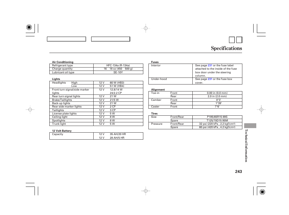 Specifications | HONDA 2007 Civic Hybrid - Owner's Manual User Manual | Page 246 / 268