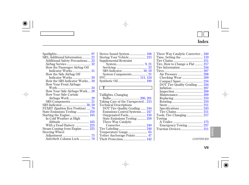 Index | HONDA 2007 Civic Hybrid - Owner's Manual User Manual | Page 266 / 268