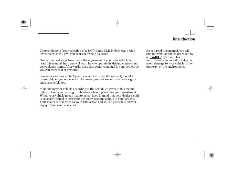 Nc0707ointrod, Introduction | HONDA 2007 Civic Hybrid - Owner's Manual User Manual | Page 3 / 268