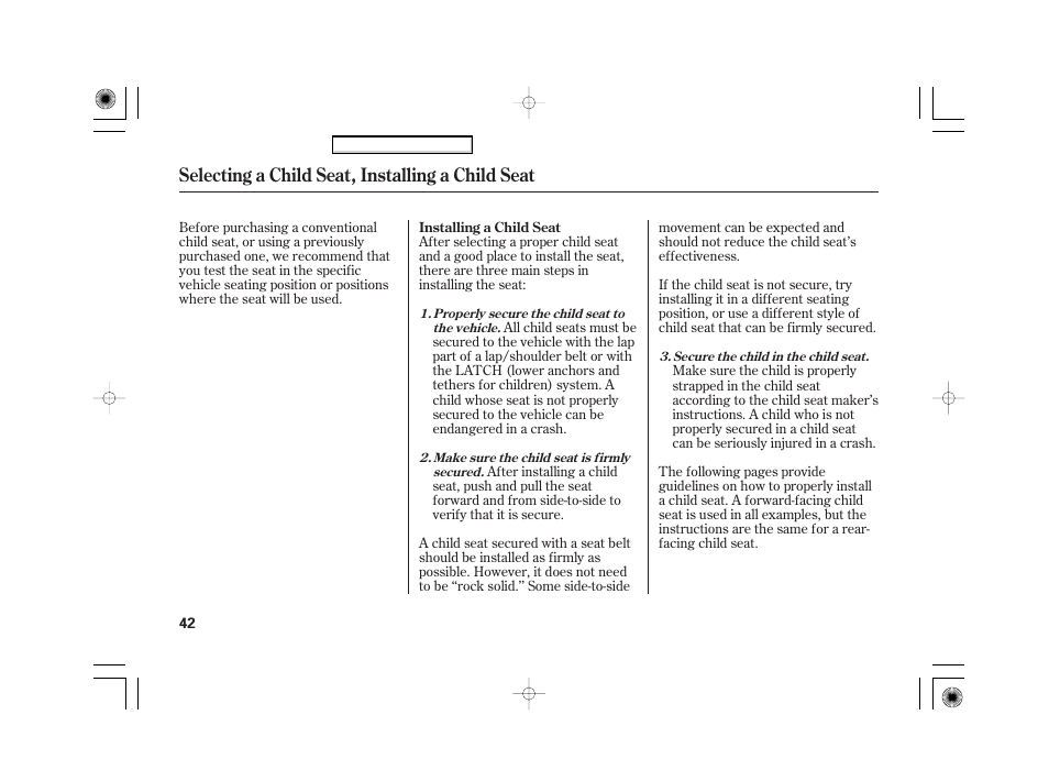 Selecting a child seat, installing a child seat | HONDA 2007 Civic Hybrid - Owner's Manual User Manual | Page 45 / 268