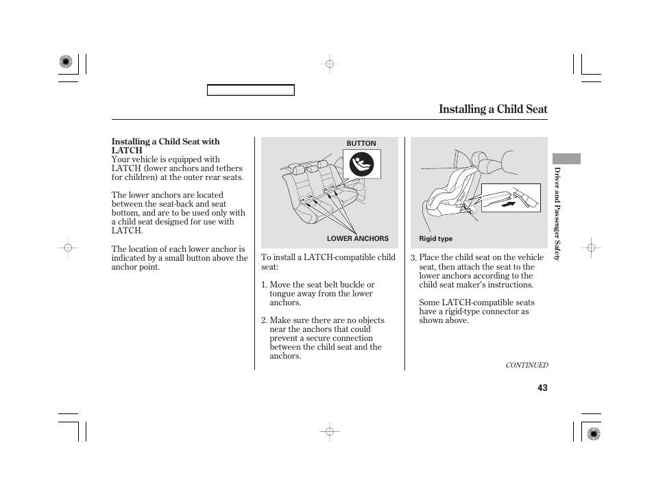 Installing a child seat | HONDA 2007 Civic Hybrid - Owner's Manual User Manual | Page 46 / 268