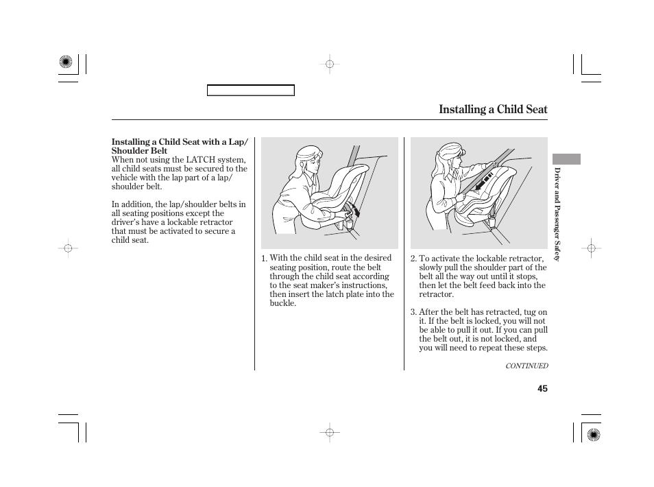 Nc0707o00045a, Installing a child seat | HONDA 2007 Civic Hybrid - Owner's Manual User Manual | Page 48 / 268