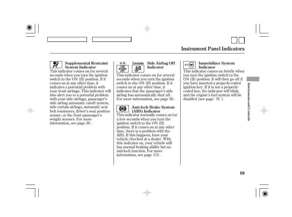 Instrument panel indicators | HONDA 2007 Civic Hybrid - Owner's Manual User Manual | Page 62 / 268