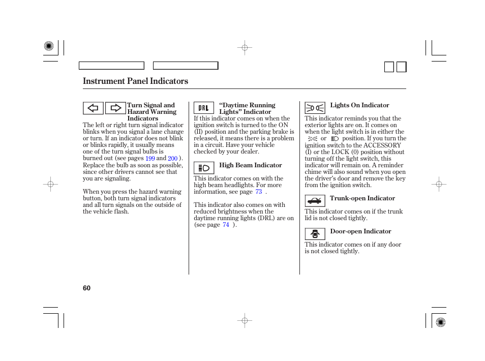 Instrument panel indicators | HONDA 2007 Civic Hybrid - Owner's Manual User Manual | Page 63 / 268