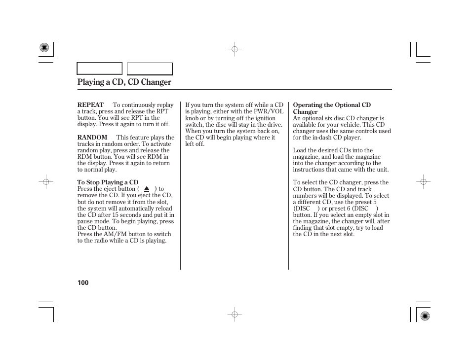 Playing a cd, cd changer | HONDA 2007 S2000 - Owner's Manual User Manual | Page 103 / 228