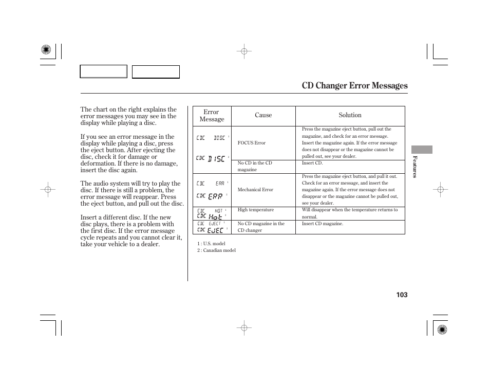 Cd changer error messages | HONDA 2007 S2000 - Owner's Manual User Manual | Page 106 / 228