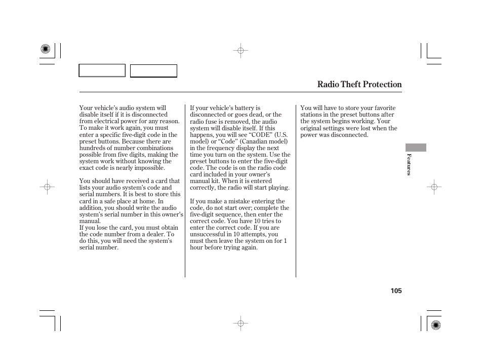 Radio theft protection | HONDA 2007 S2000 - Owner's Manual User Manual | Page 108 / 228