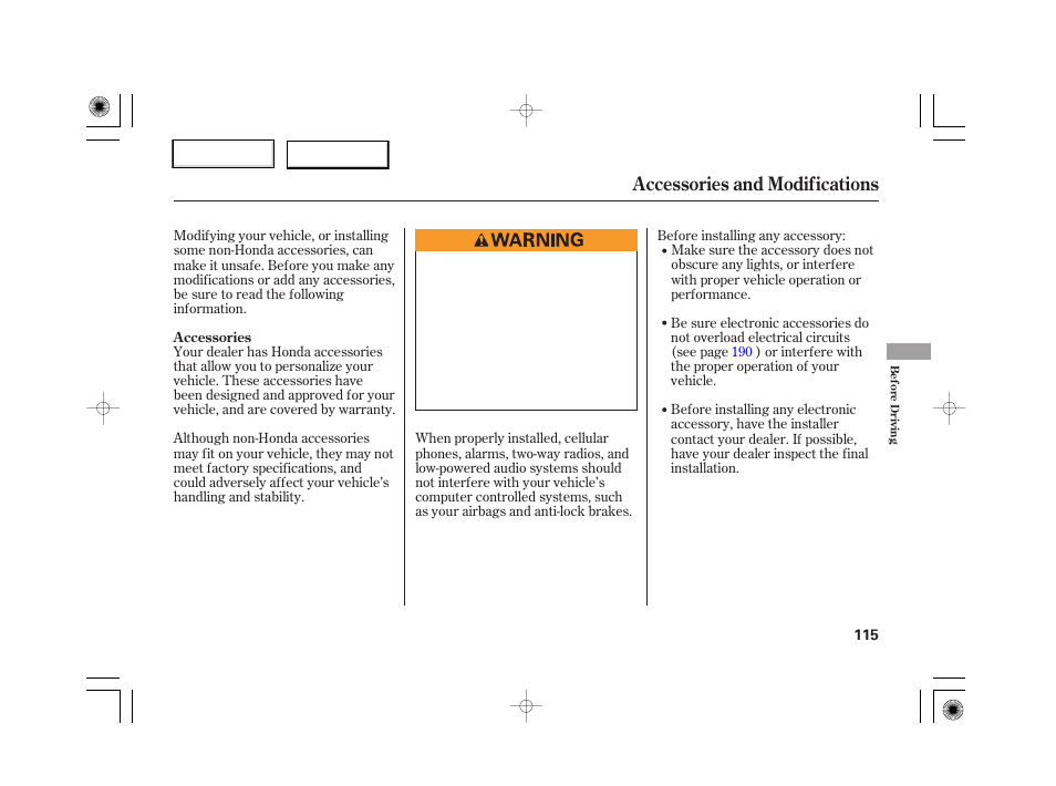 Accessories and modifications | HONDA 2007 S2000 - Owner's Manual User Manual | Page 118 / 228